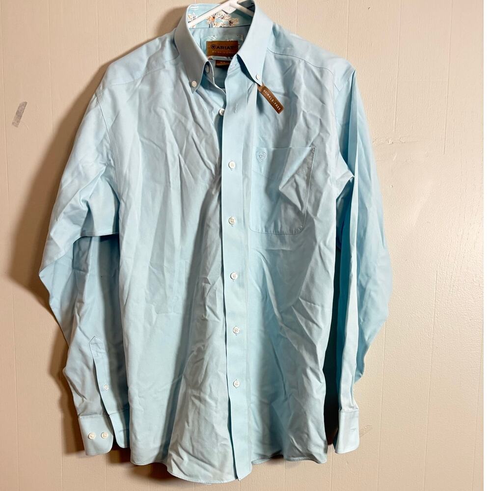 Ariat Mens Small Wrinkle Free Blue Long Sleeve Button Front Collared Dress Shirt